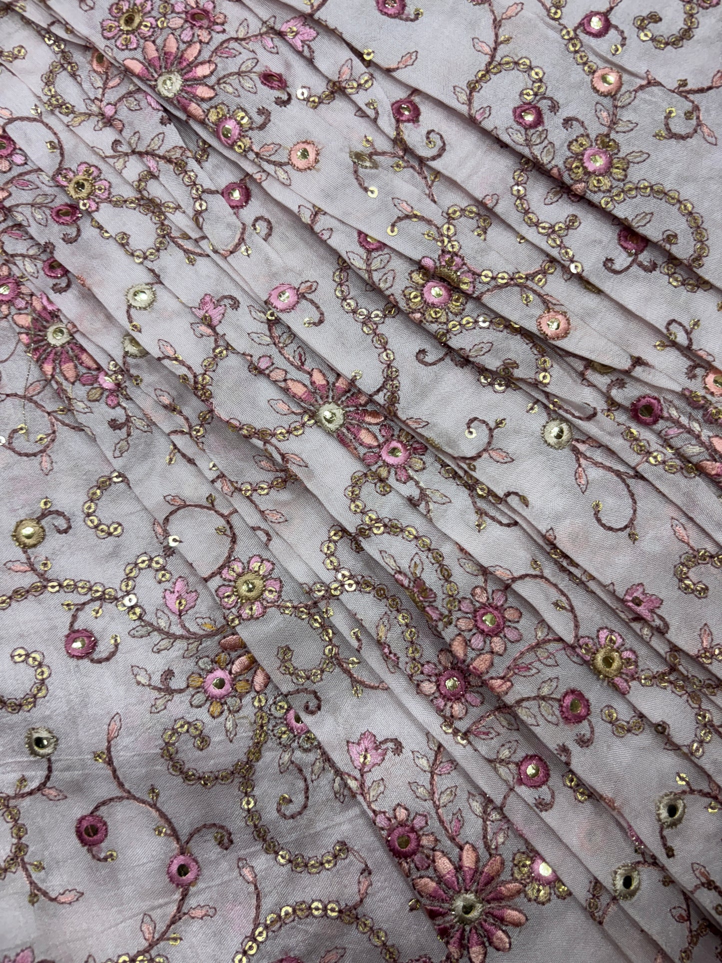 Shimmering Floral Embroidered Dusty Pink Silk Fabric