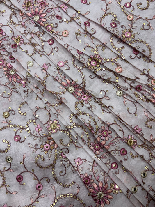 Shimmering Floral Embroidered Dusty Pink Silk Fabric (Silk with Suta Work)