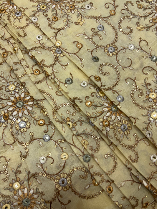 Shimmering Gold & Cream Floral Embroidered Silk Fabric (Silk with Suta and Mirror Work)