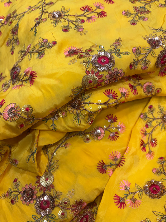 Exquisite Marigold Yellow Silk Blend Fabric with Pink Floral Embroidery & Sequin Work (Crape with Zari Work)