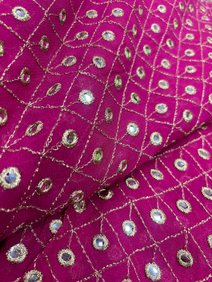 Dazzling Rani Pink Georgette Fabric with Mirror Work & Zari Detailing