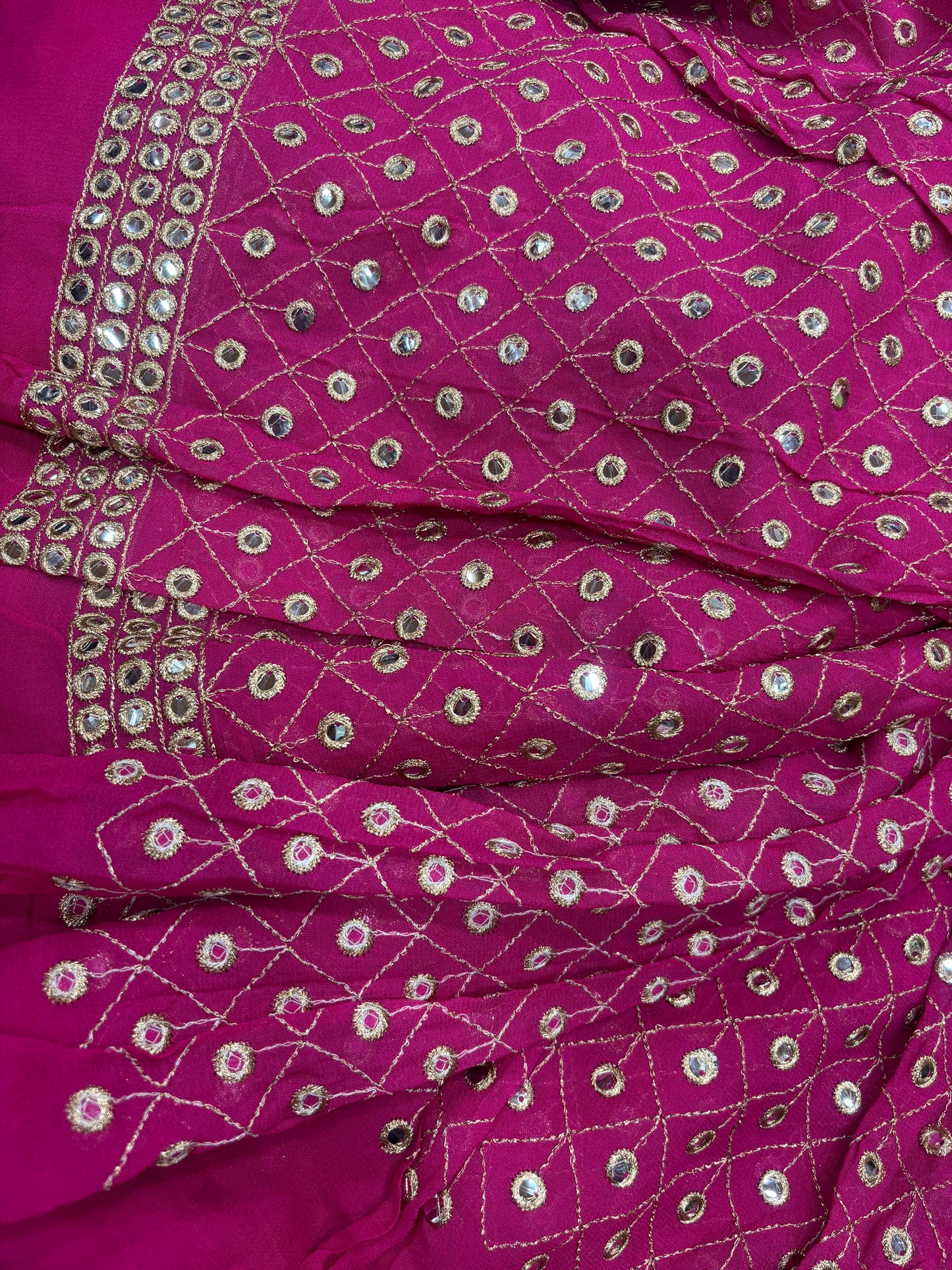 Dazzling Rani Pink Georgette Fabric with Mirror Work & Zari Detailing