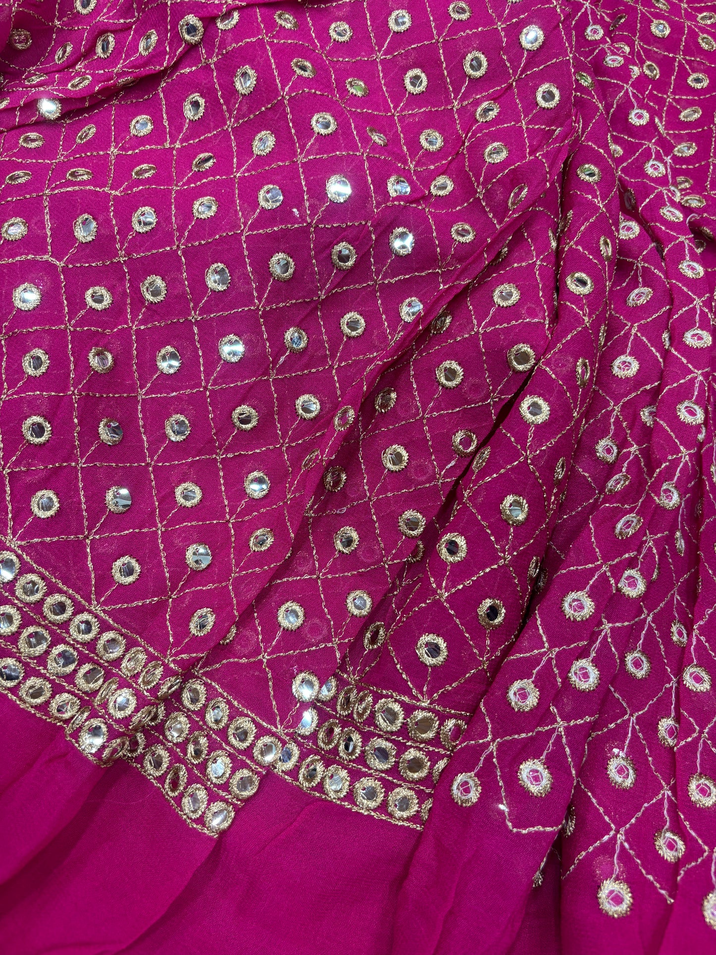 Dazzling Rani Pink Georgette Fabric with Mirror Work & Zari Detailing