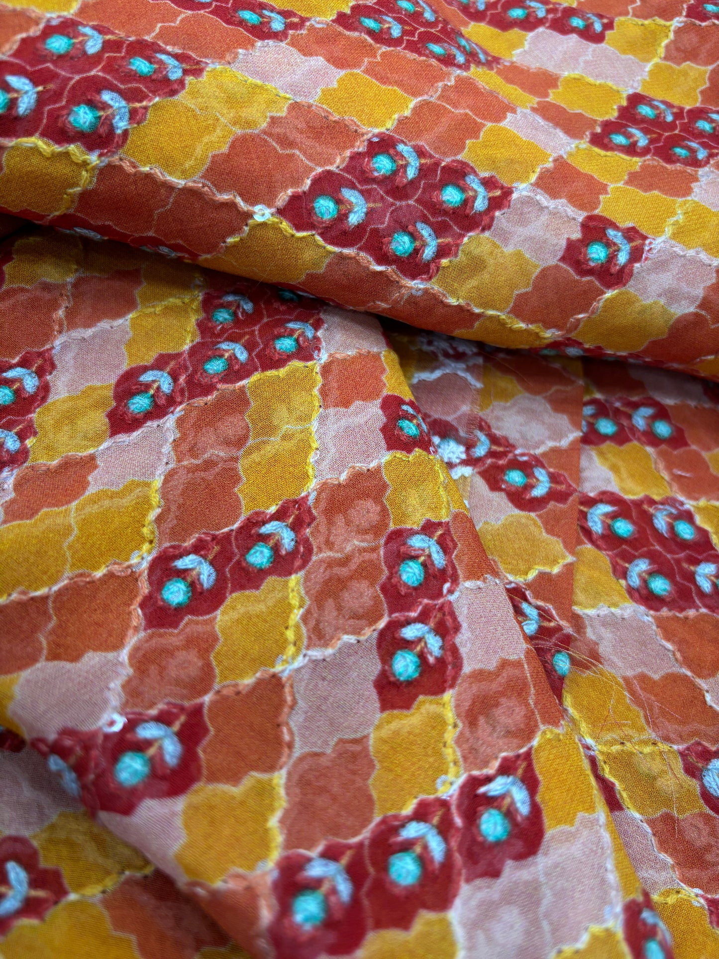 Autumn Hues Viscose Fabric with Teal Floral Embroidery