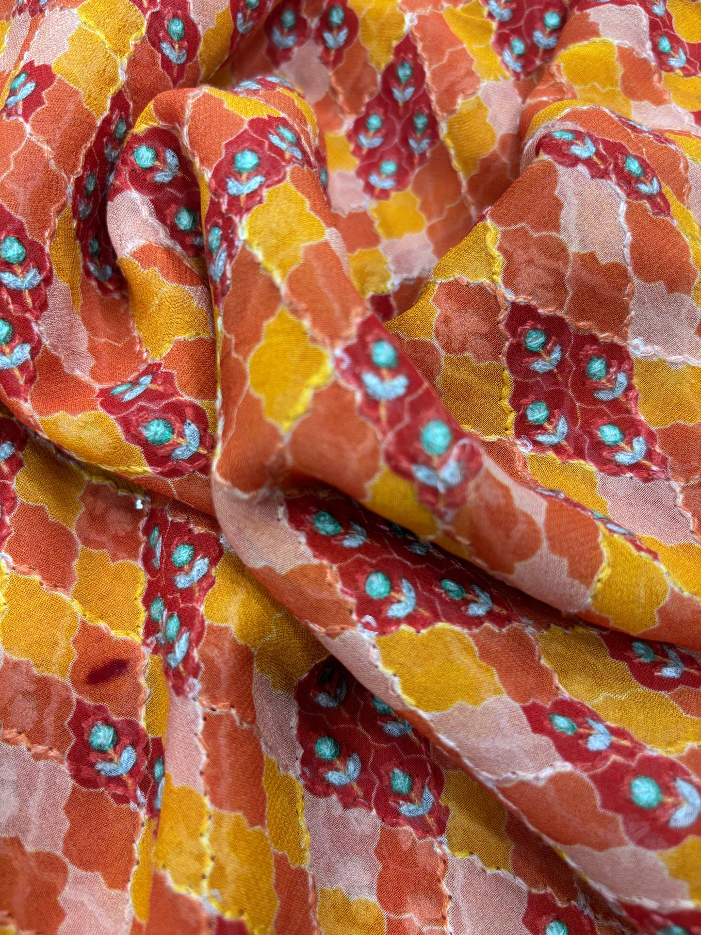 Autumn Hues Viscose Fabric with Teal Floral Embroidery