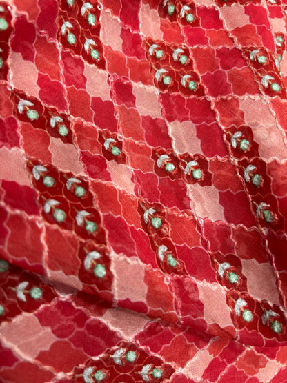 Rich Crimson Viscose Fabric with Teal & White Embroidered Motifs