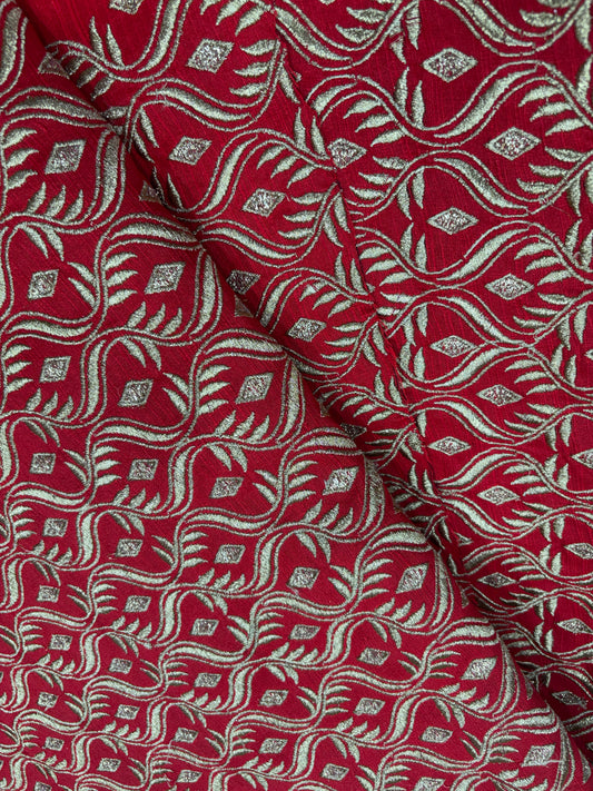 Regal Crimson Brocade with Silver Embellishment (Raw Silk With Zari Work)