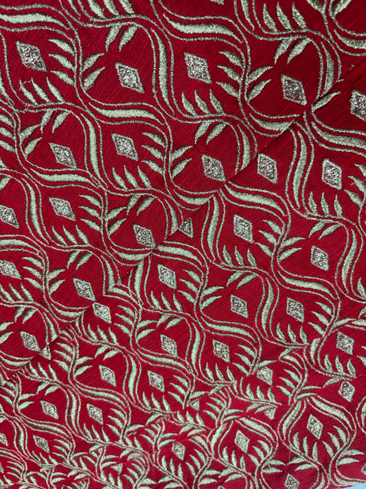 Regal Crimson Brocade with Silver Embellishment (Raw Silk With Zari Work)