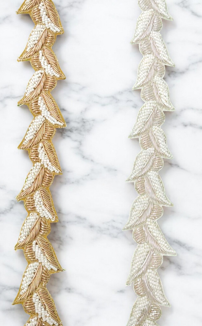 Twin Tone Pearl Leaf Lace – Gold & Silver Variants(Comes in 9 Meters)